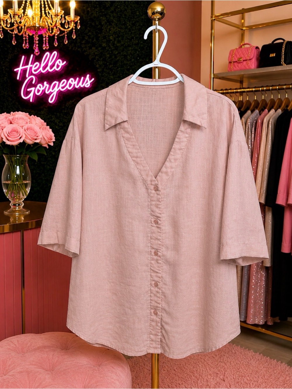 SHEIN Curve Blush Linen-Feel Button-Up Blouse | 0XL